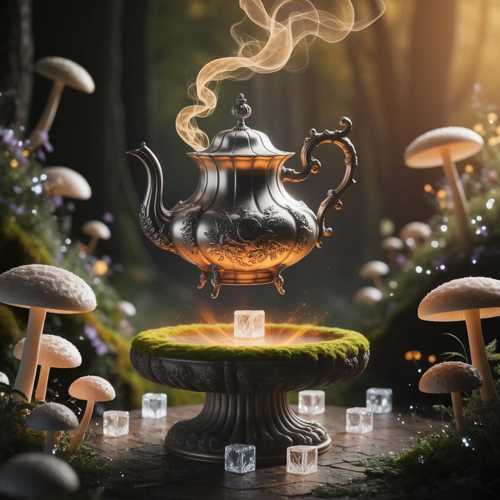 Enchanted Teapot Levitates in Magical Forest