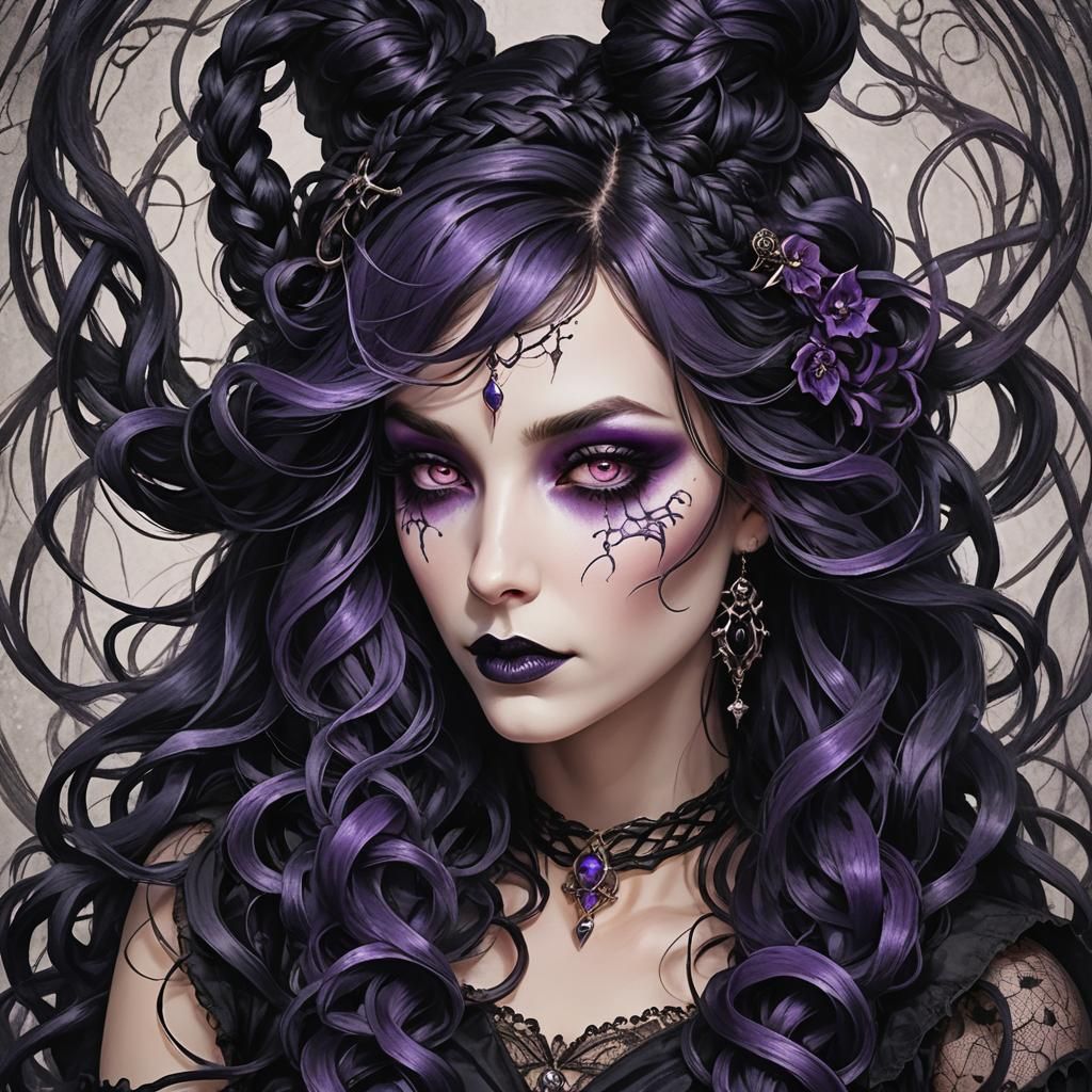 Gothic Sorceress with Amethyst Eyes and Jester Flair