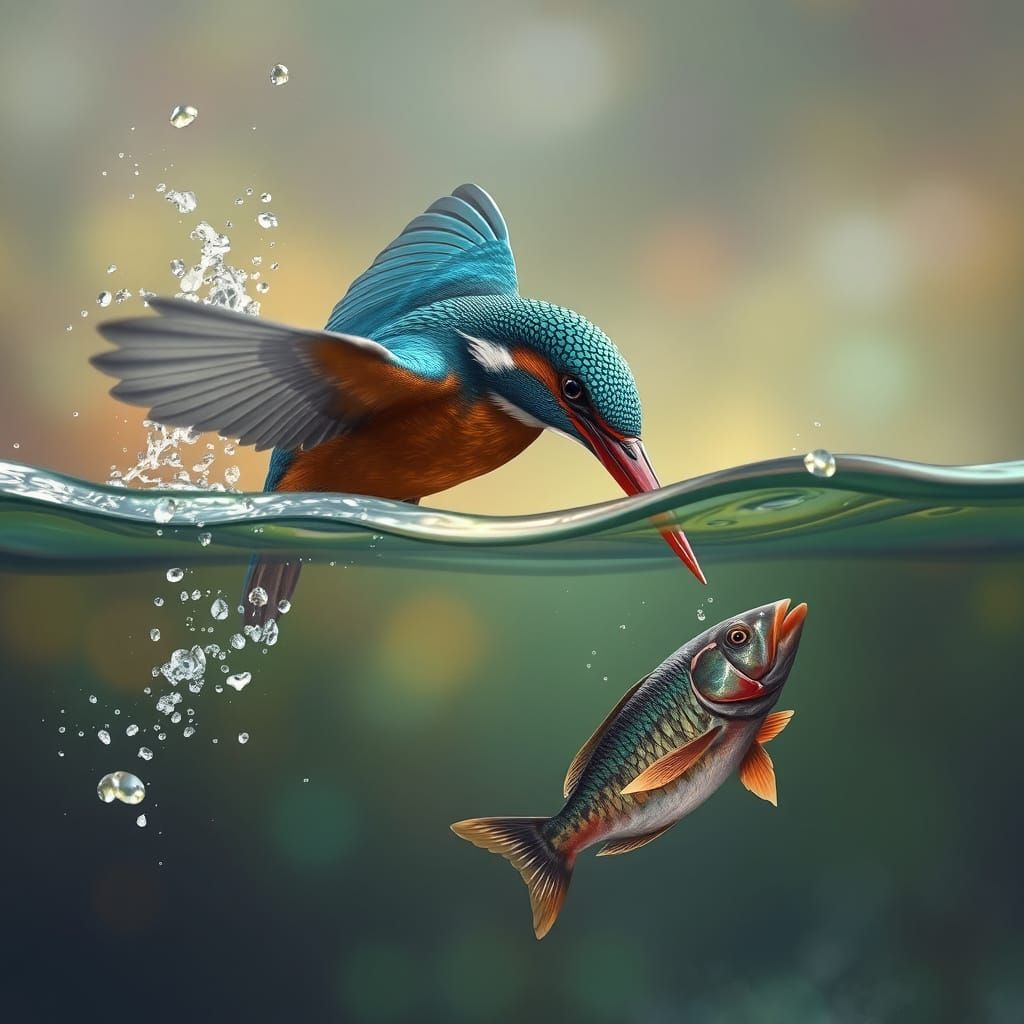 Kingfisher Dive: Hyperrealistic Splash Art Portrait