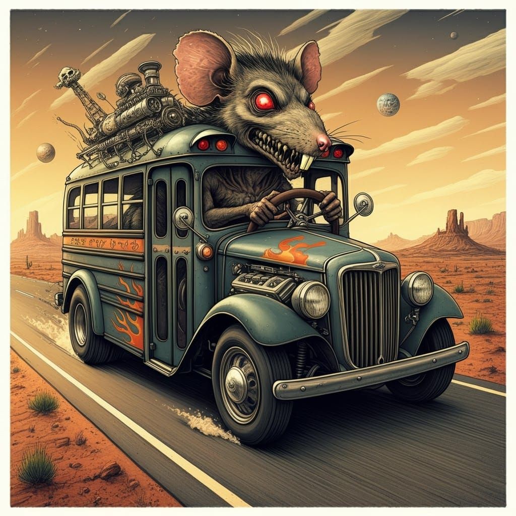 Grotesque Rat Monster Drives Hotrod School Bus
