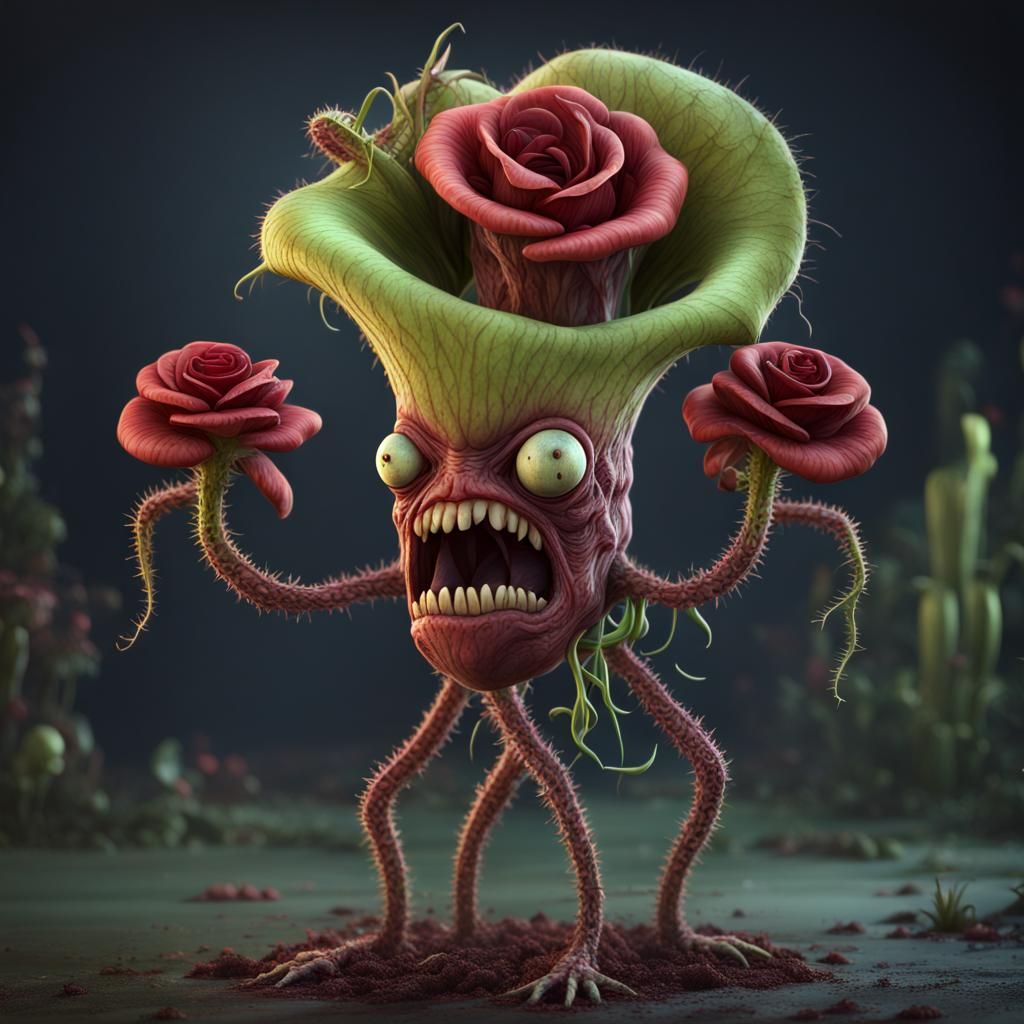 Carnivorous Plant Monster with Rose, Digital Art