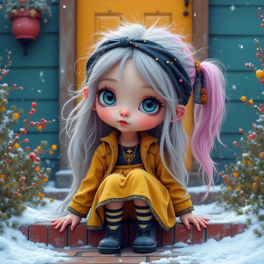 Whimsical Hippie Girl in Winter Wonderland Art