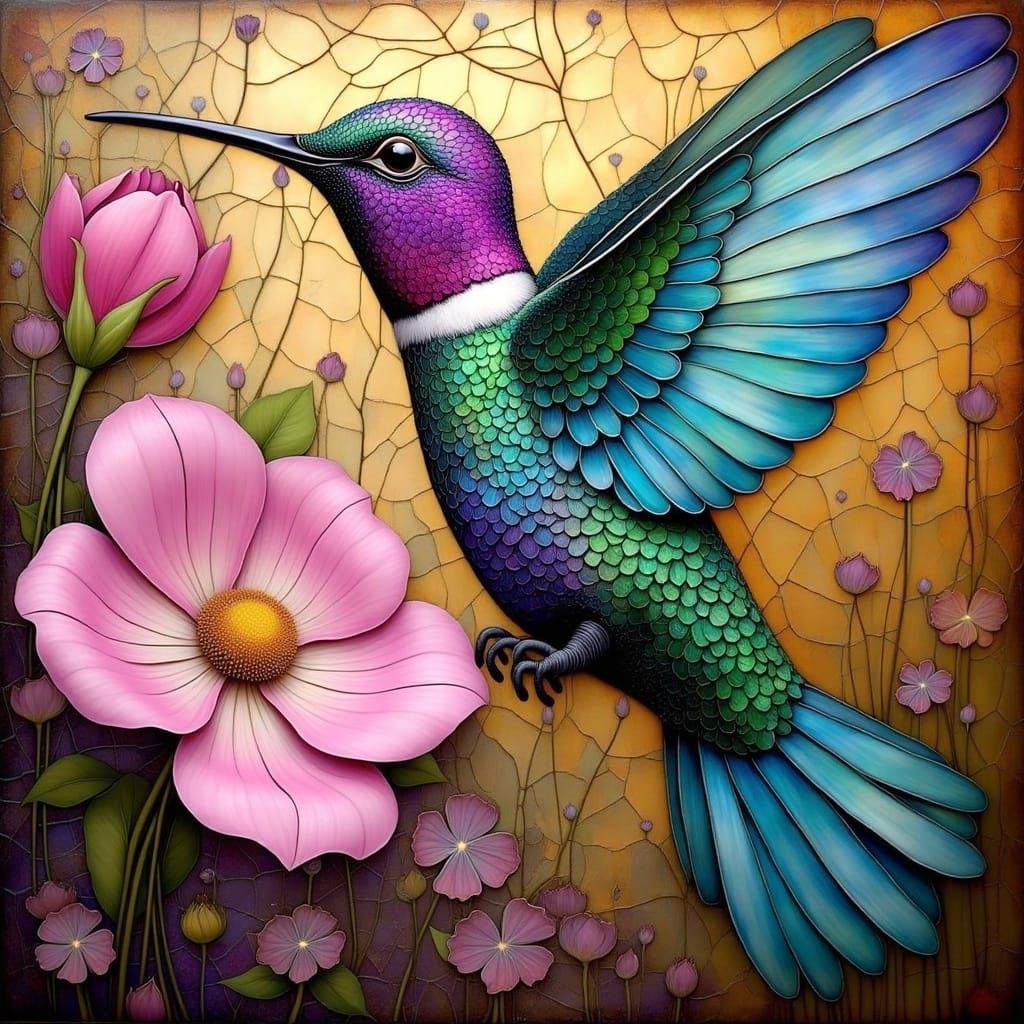 Iridescent Hummingbird in Art Nouveau Style