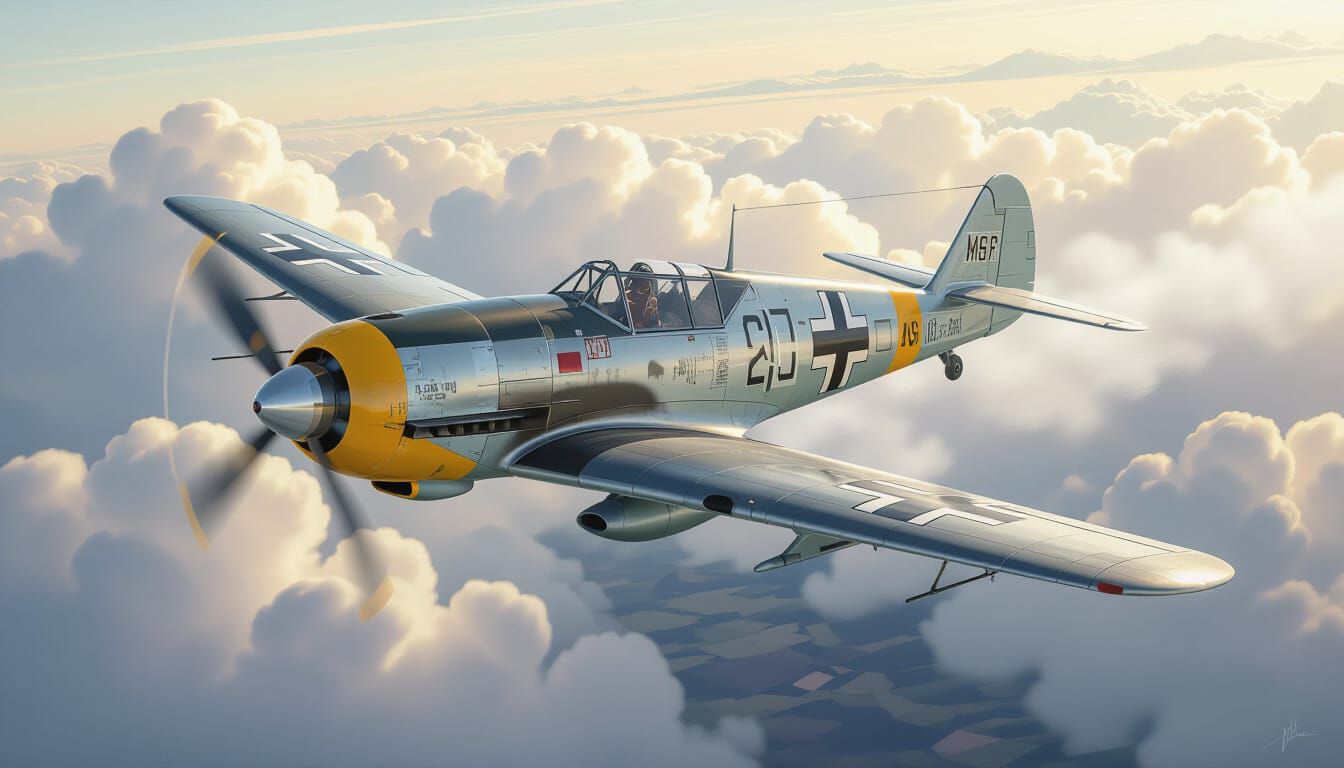WWII Messerschmitt Me-109 Banking in Clouds