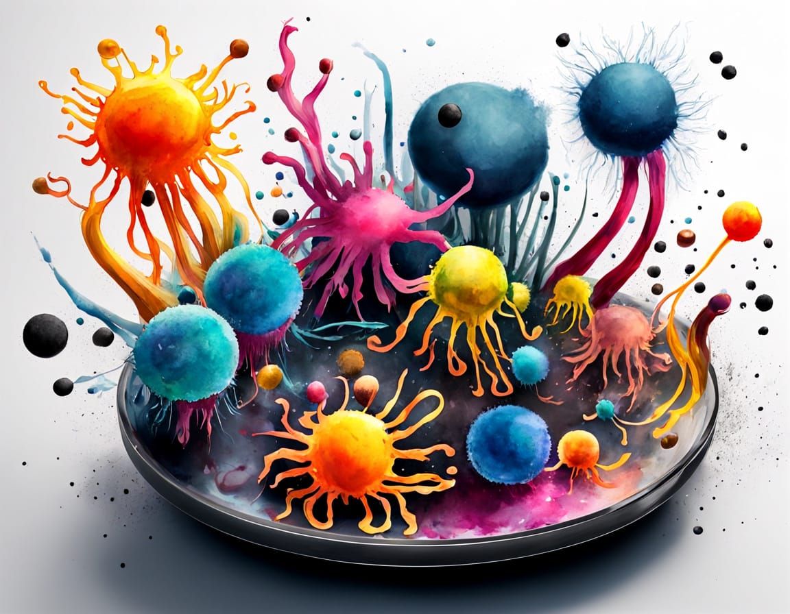 Cheerful Microbes Dancing in Vibrant Watercolor Splash Art