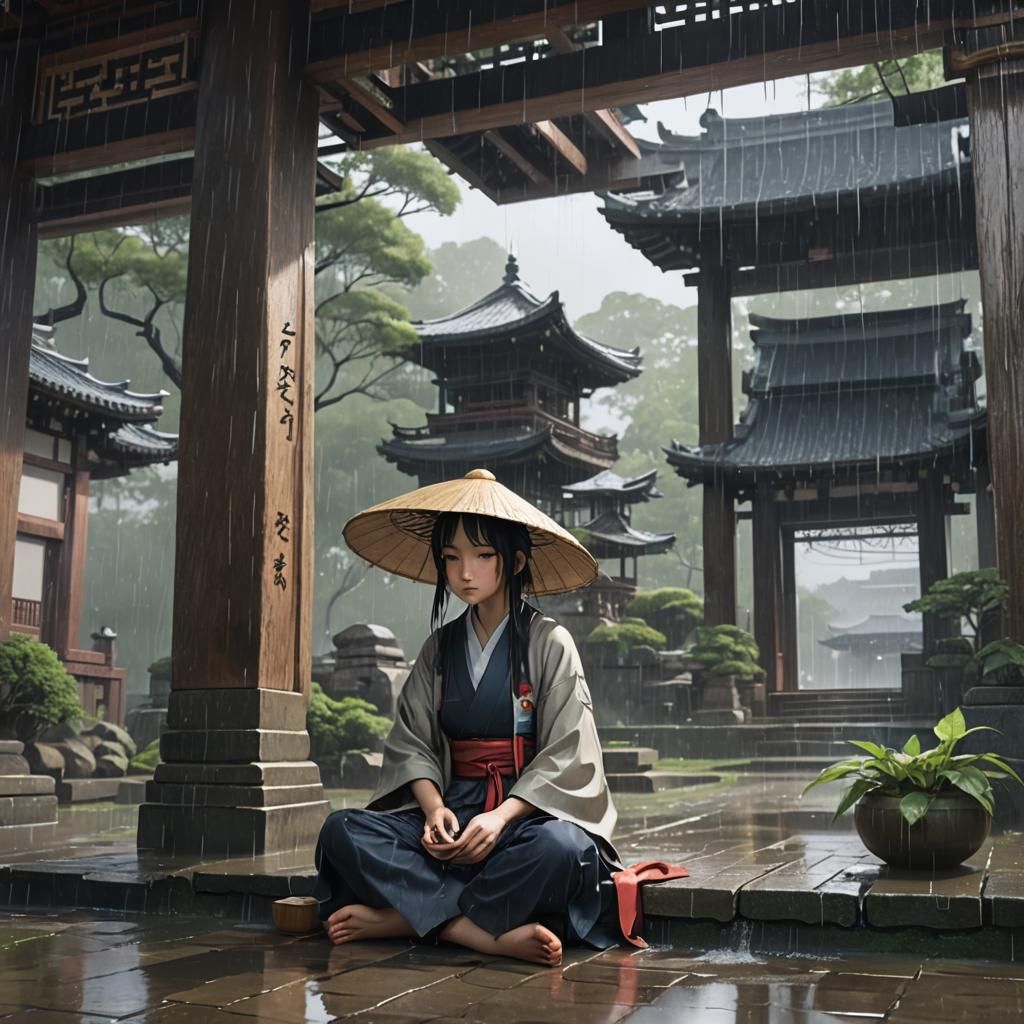 Rainy Day at Ancient Temple: Detailed 3D Anime Art