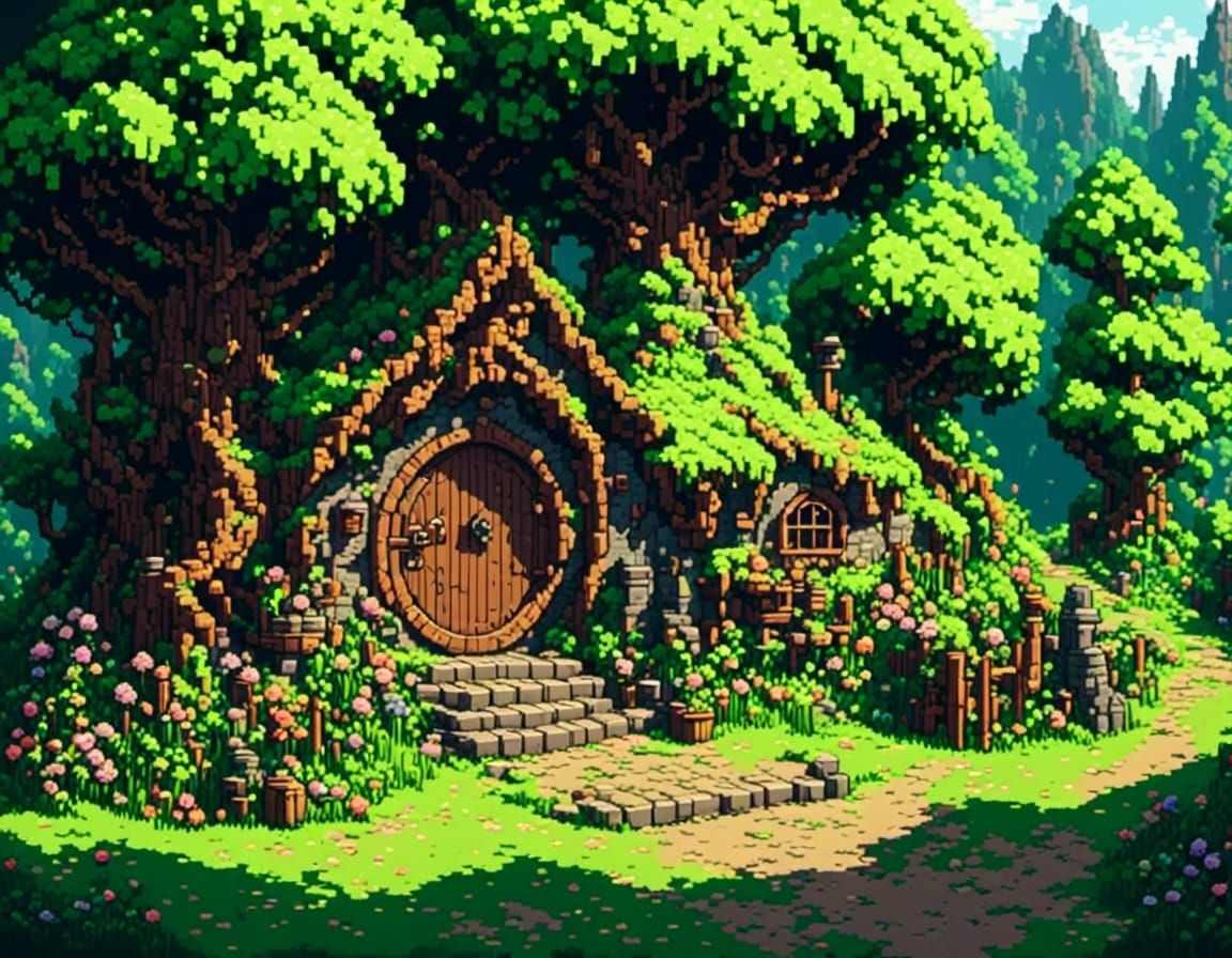 Serene Hobbit Hole in Pixel Art Style
