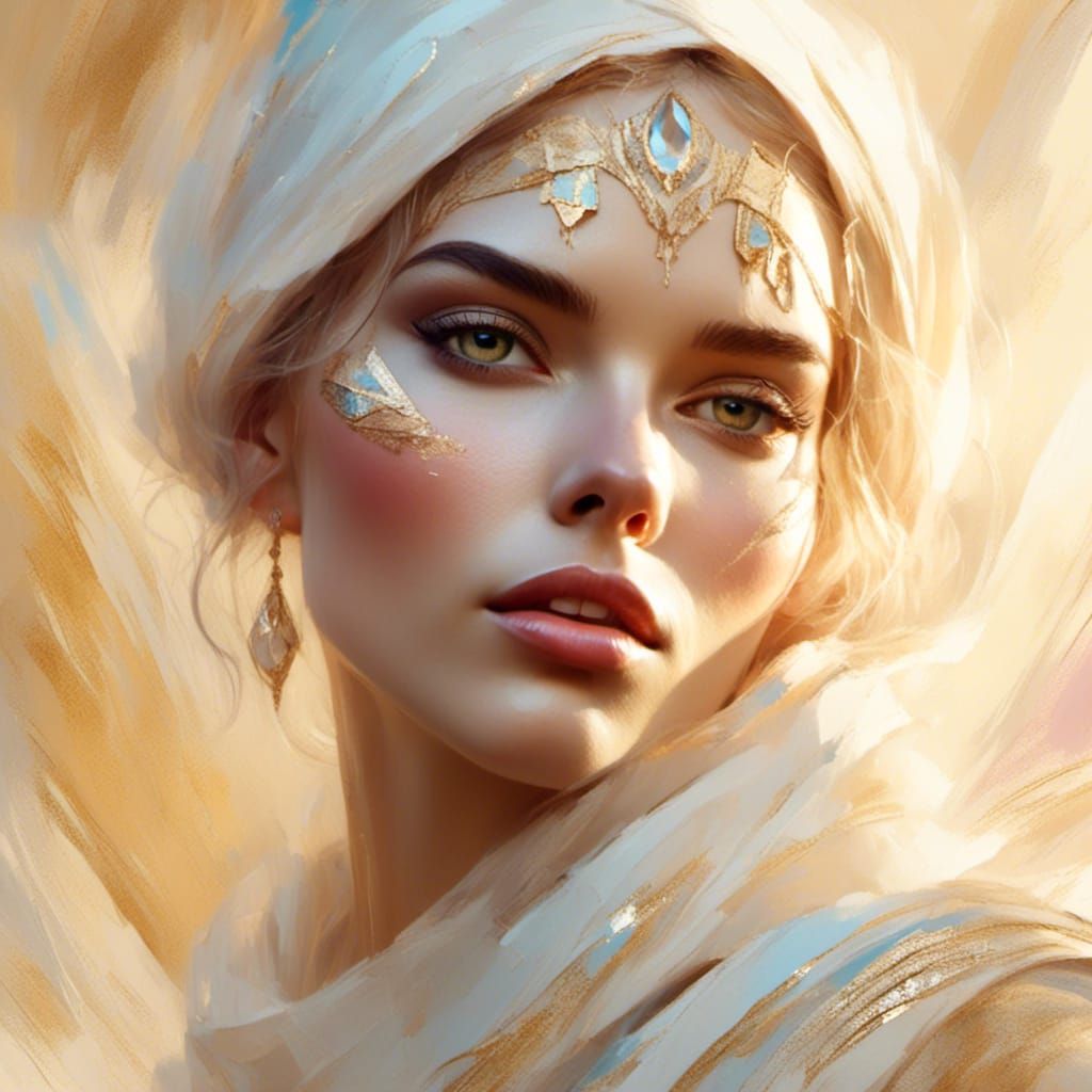 against a background of soft beige tones. A real female face is kept in white tones. It has an elegant, almost