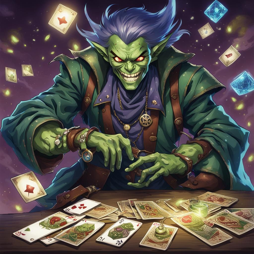 Green Goblin Pirate with Tarot Cards in Anime Style