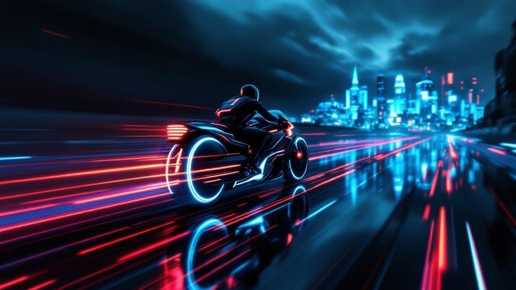 Speeding Lightcycle Rushes Through Futuristic City