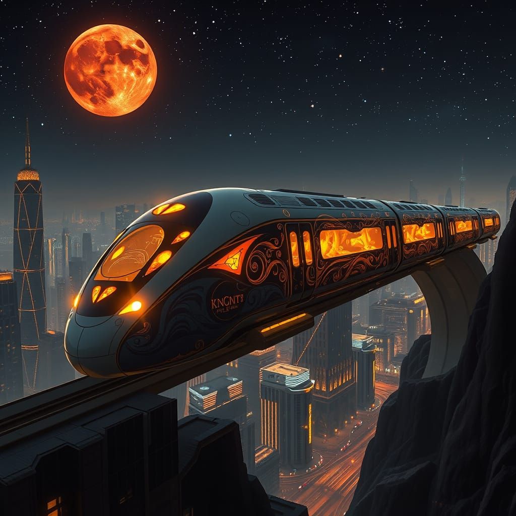 Sleek Futuristic Flying Train Glows in Nighttime Cityscape