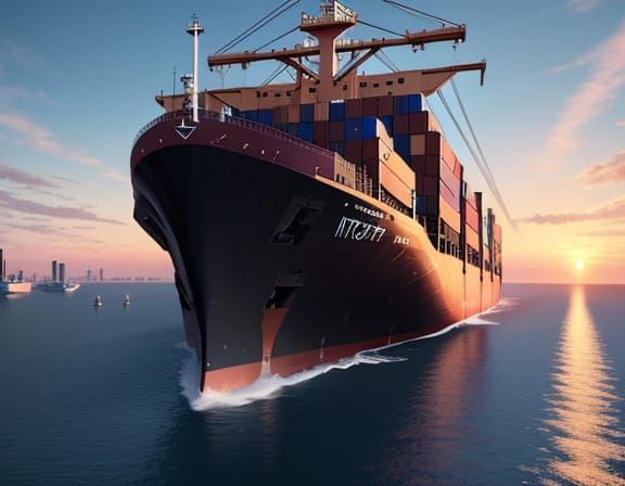 Modern Cargo Ship in Harbor Sunset