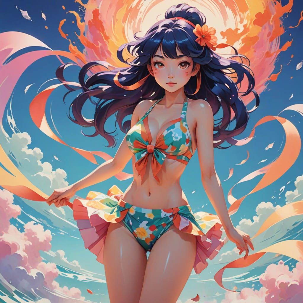 Rococo Anime Goddess in Vibrant Bikini