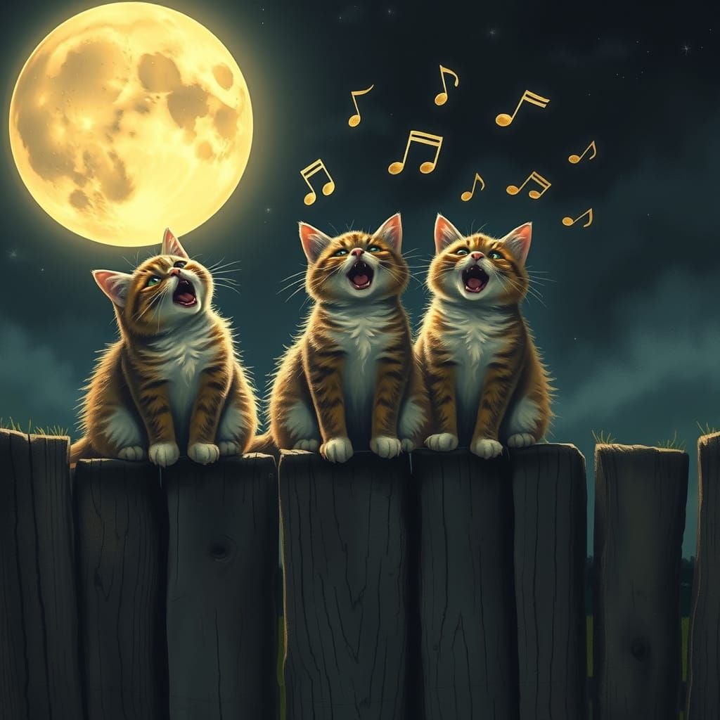 Whimsical Cats Sing Under the Gothic Moon
