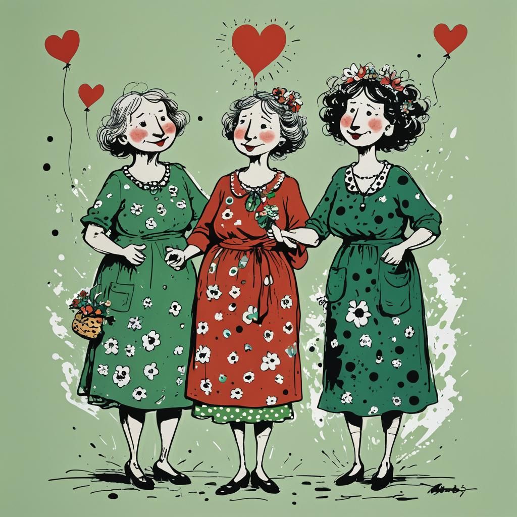 Retro Cartoon of Three Women with Flowers
