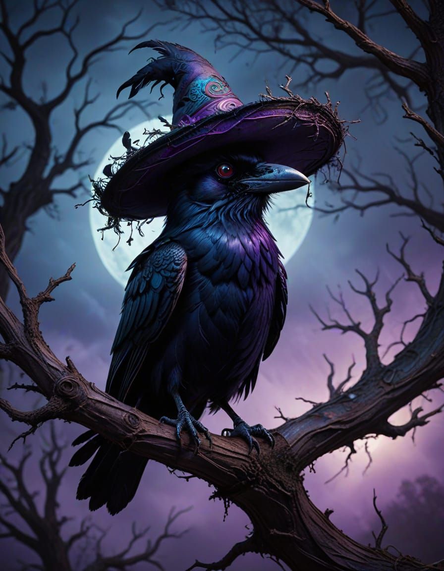 Mischievous Raven in Sombrero: Dark Fantasy Art