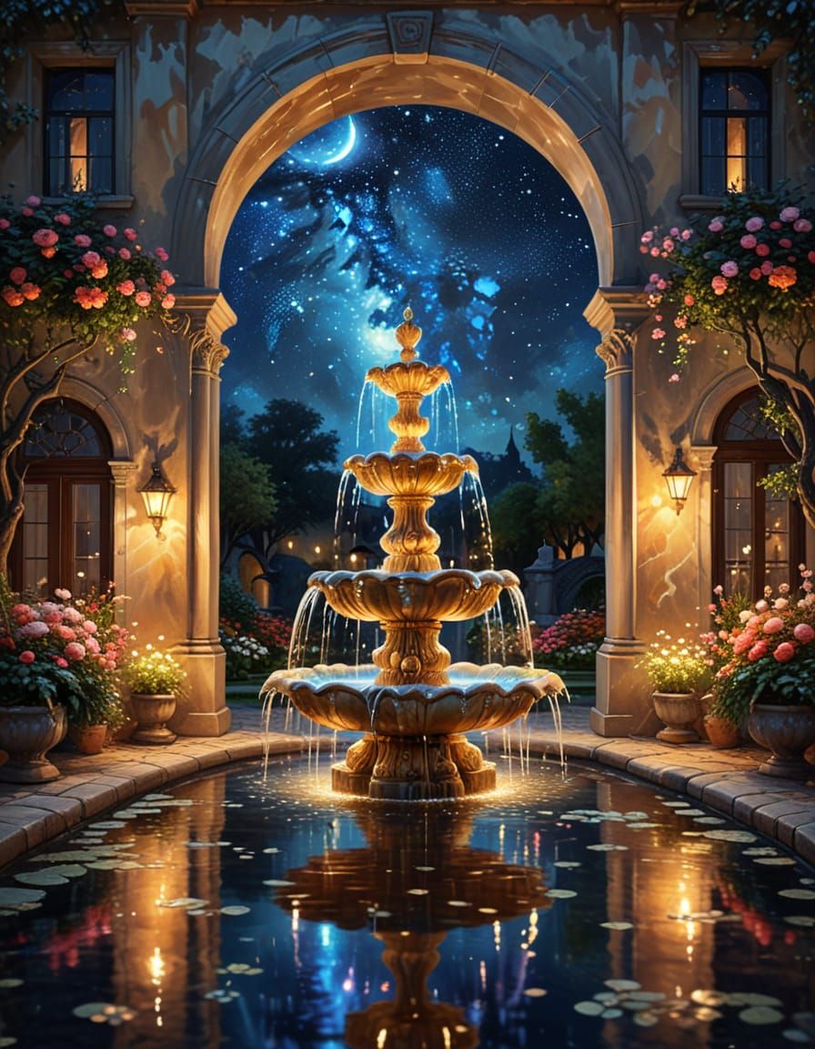 Glowing Moonlit Fountain in Fantasy Oil Painting Style