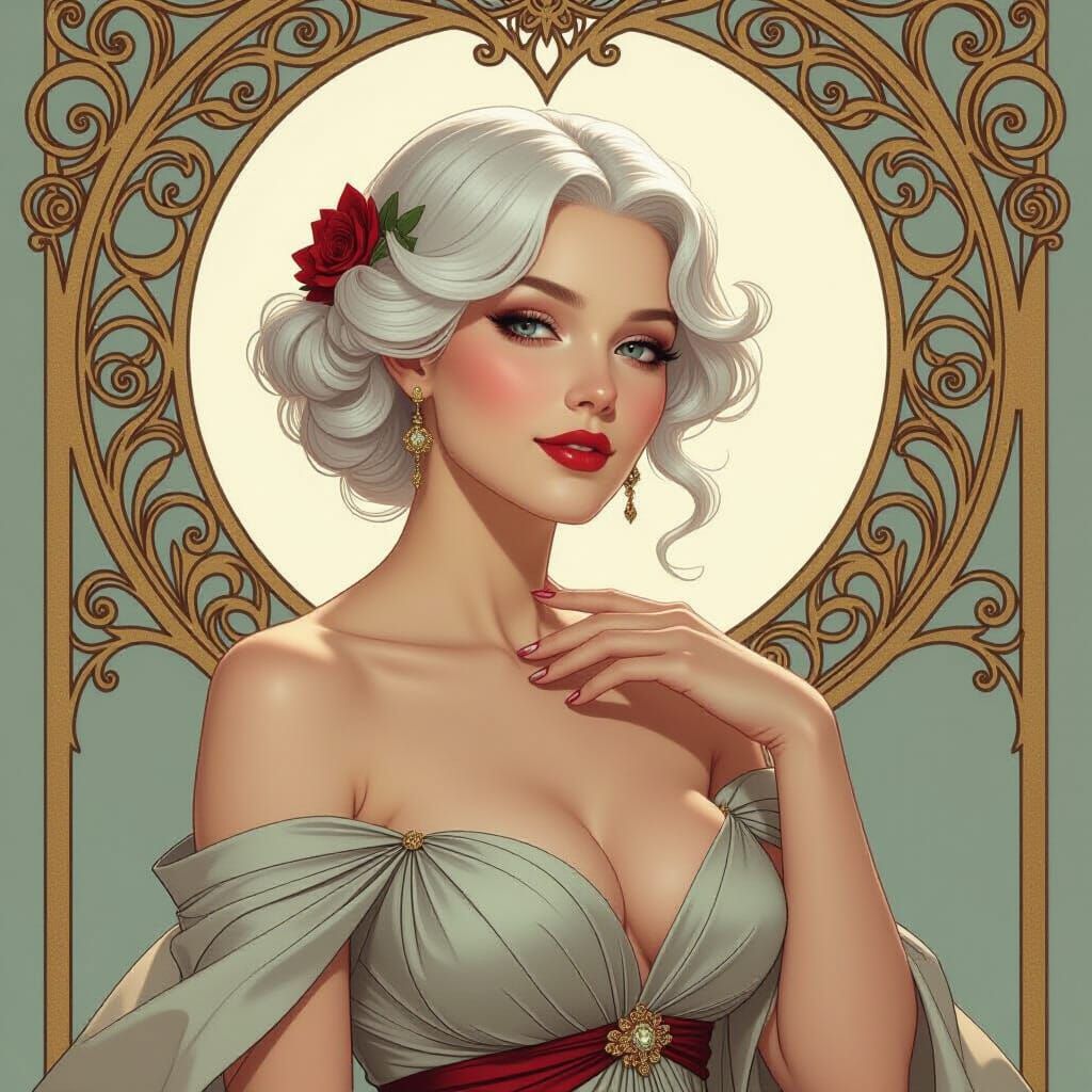 Elegant Woman with Heart-Shaped Hair in Art Nouveau Style