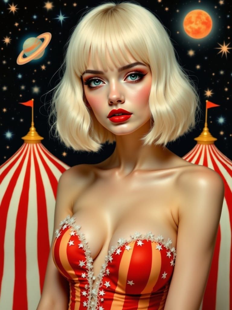 A Young Woman Radiates Confidence in a Cosmic Carnival