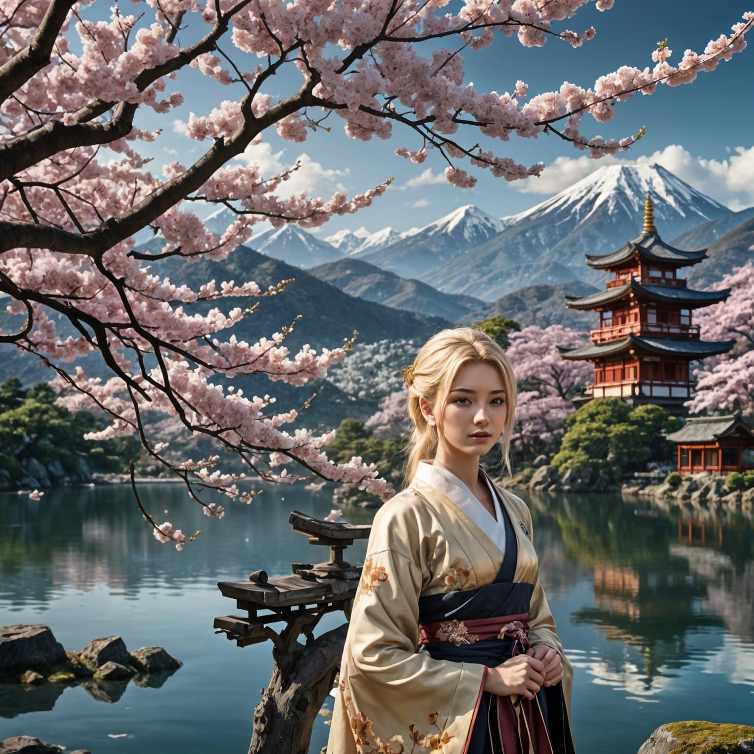 Sakura Beauty: Matte Painting of Blonde in Japan