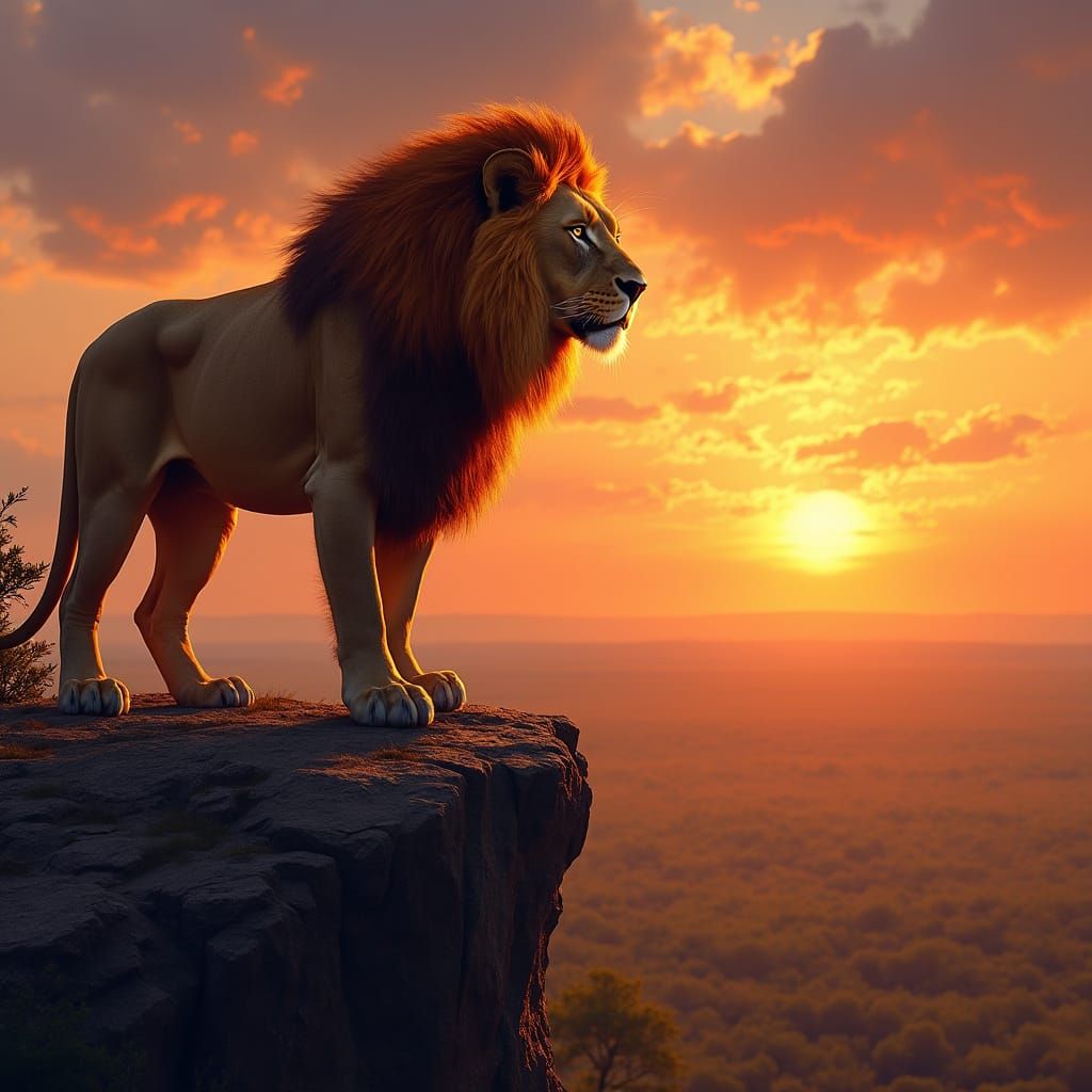 Majestic Lion with Fiery Mane at Sunset