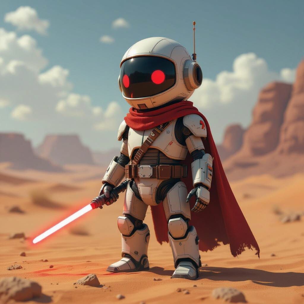Cute Robot Jedi Knight in Desert Landscape