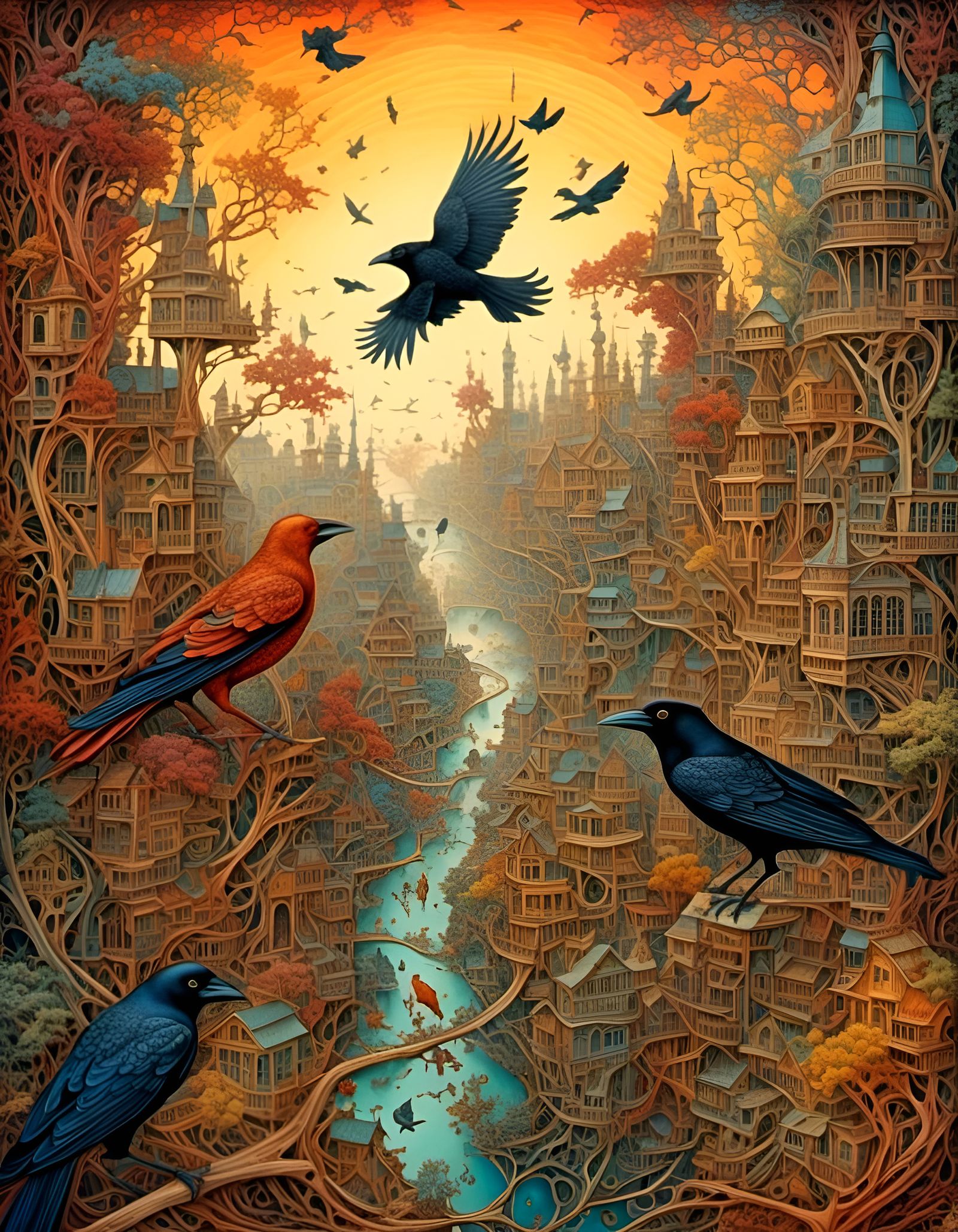 Colorful Crows in Golden Hour Light