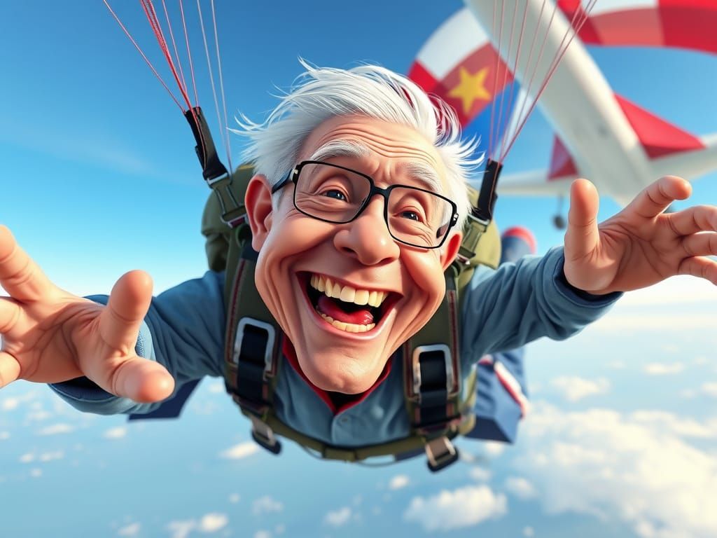 Joyful Old Man Skydiving: Colorful Caricature