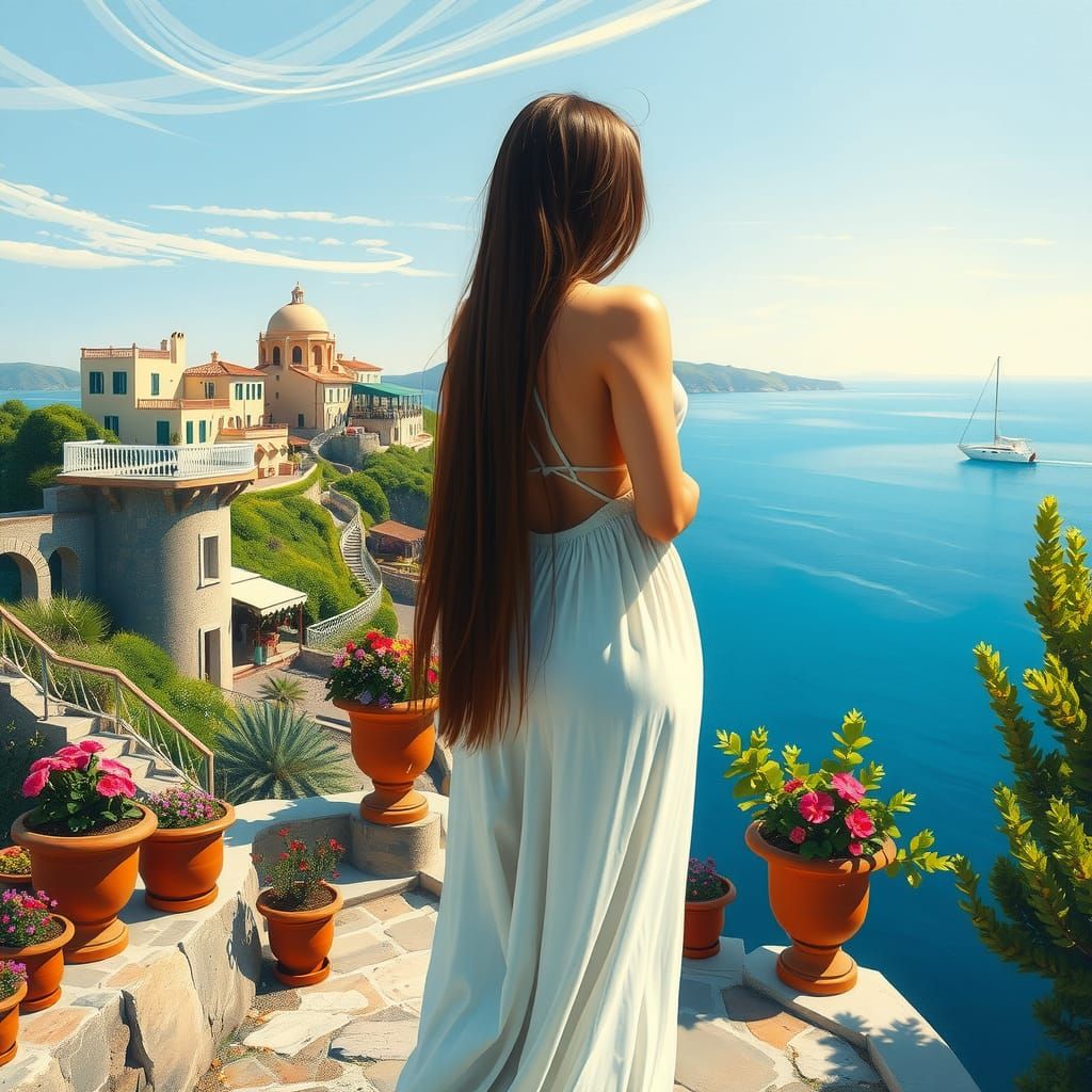 Woman Overlooking Mediterranean Vista in Impressionist Style