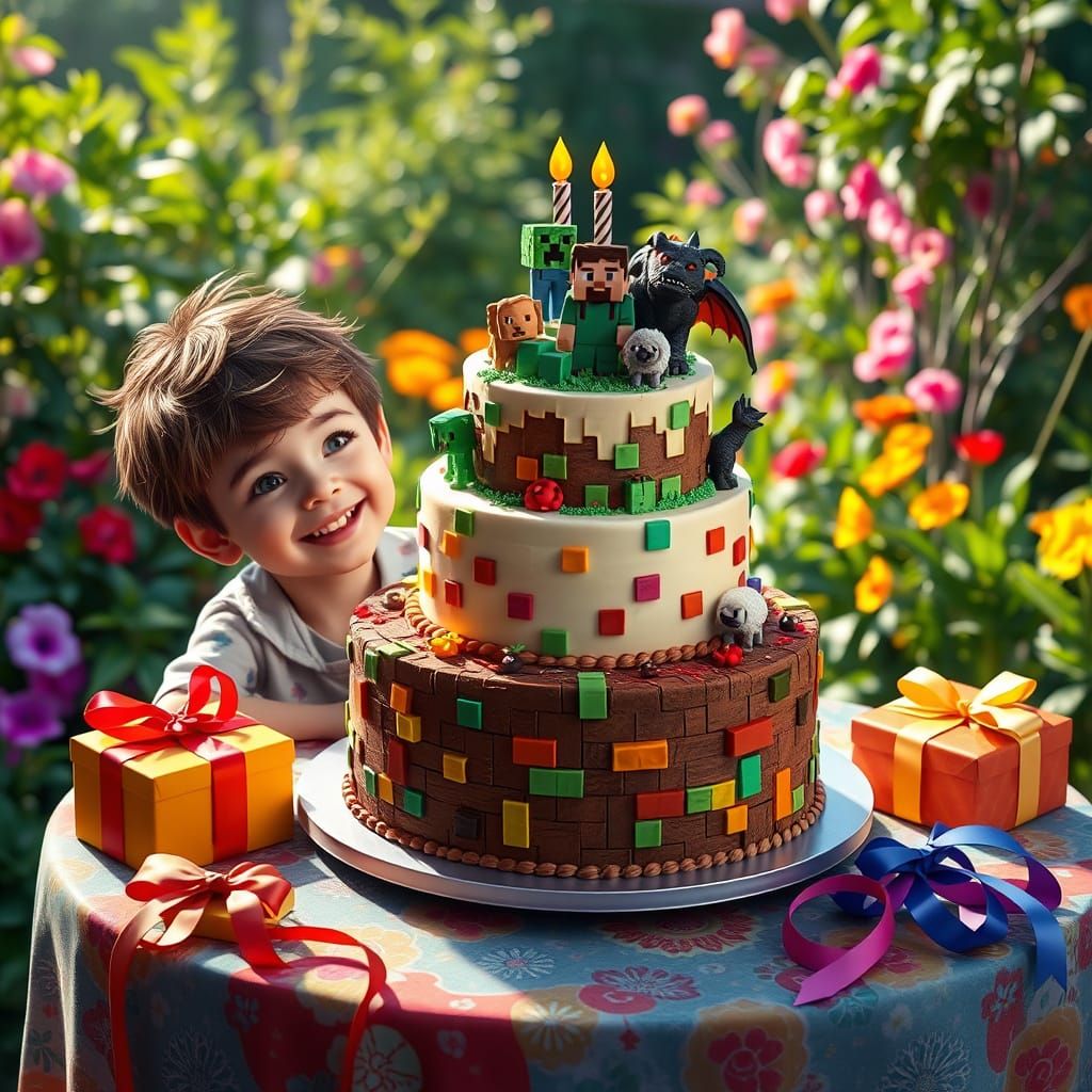 Minecraft Birthday Cake in Vibrant Summer Garden