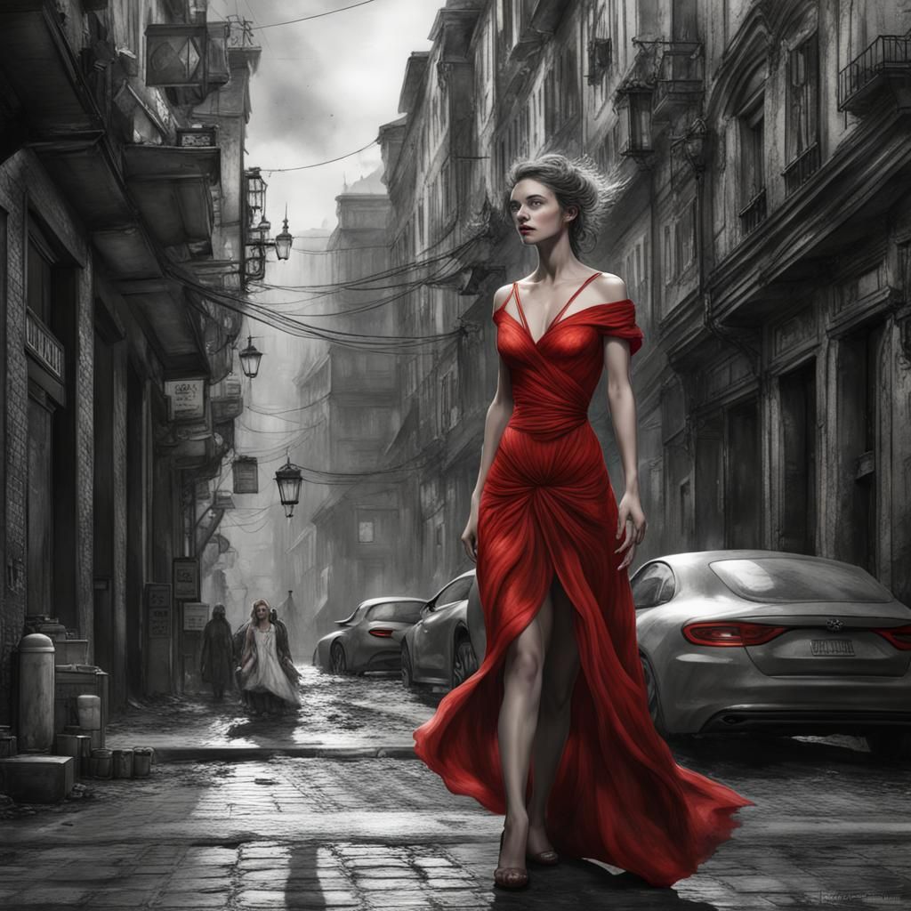 Woman in Red Dress on Grey Street: Watercolor