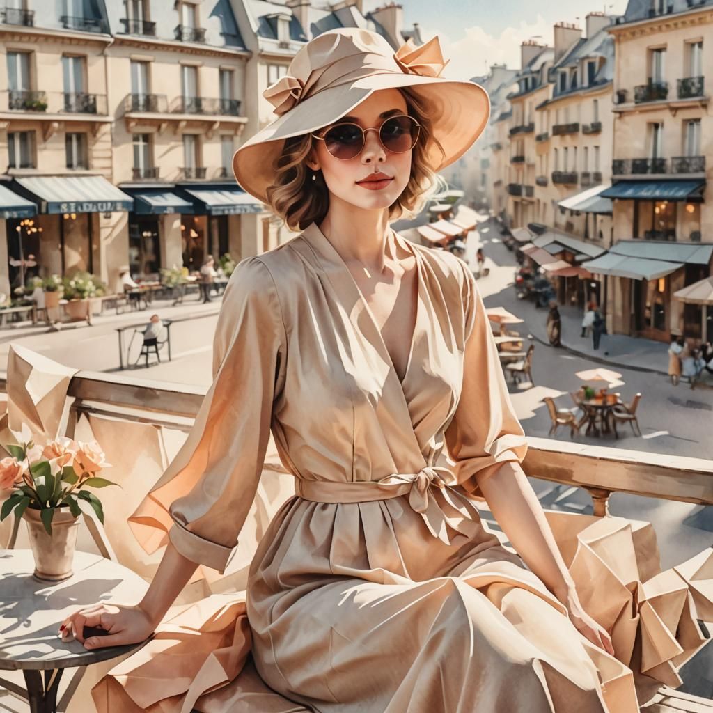 Woman in Beige Dress on Parisian Terrace