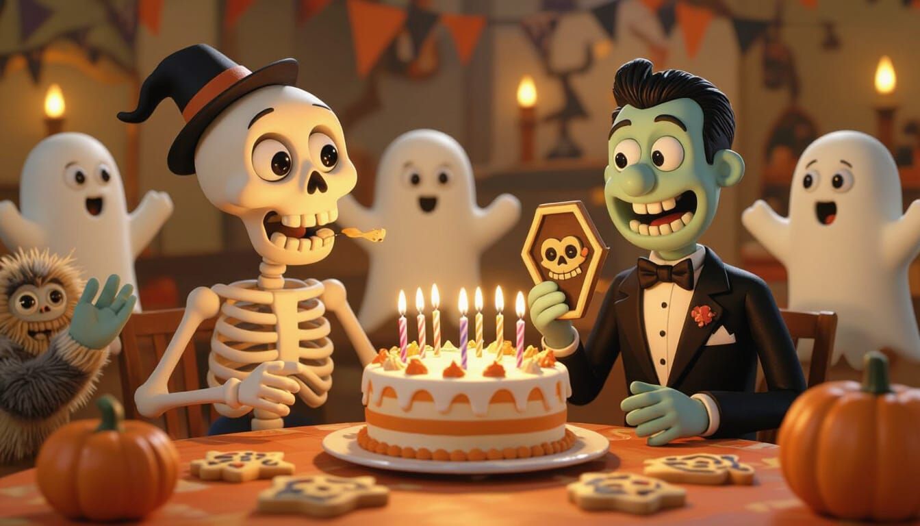 Claymation Halloween Party With Skeleton And Zombie