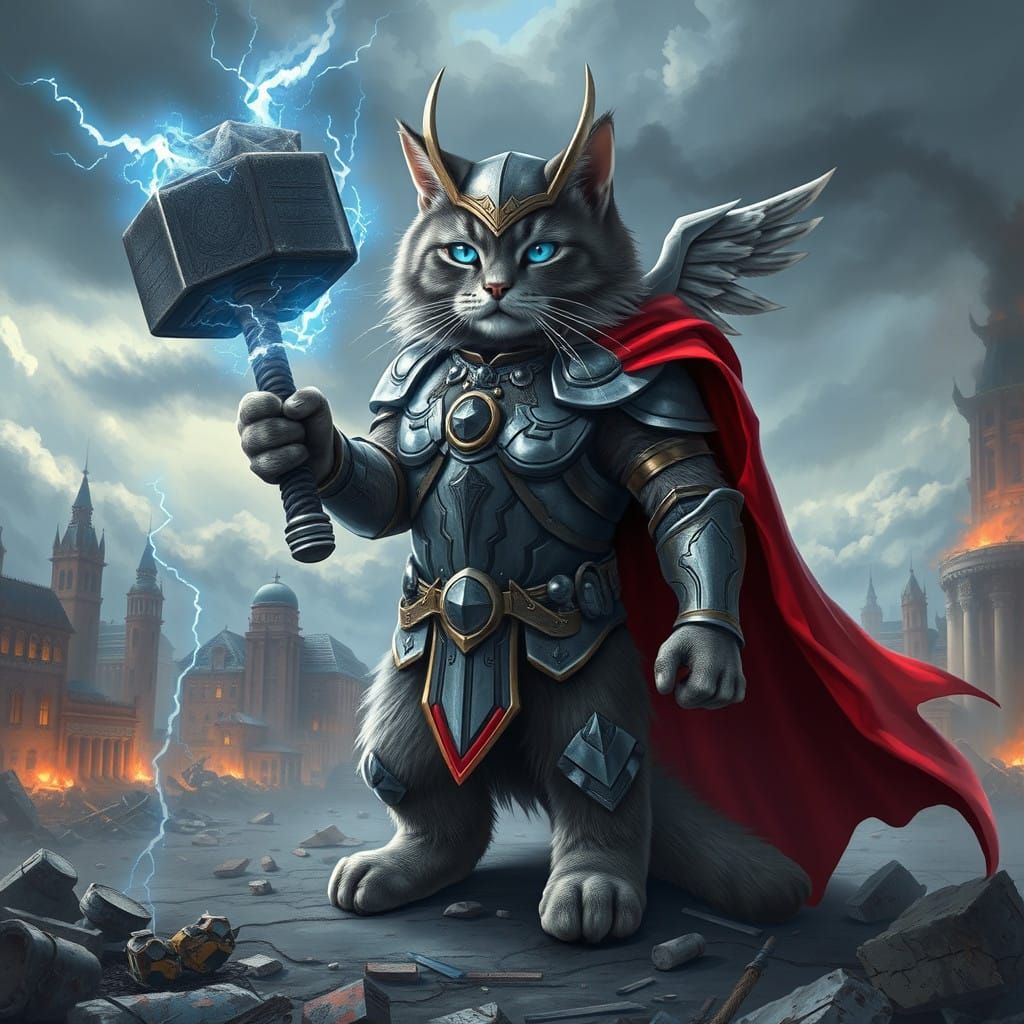 Gray Tabby Cat in Asgardian Armor Defends City with Mjolnir