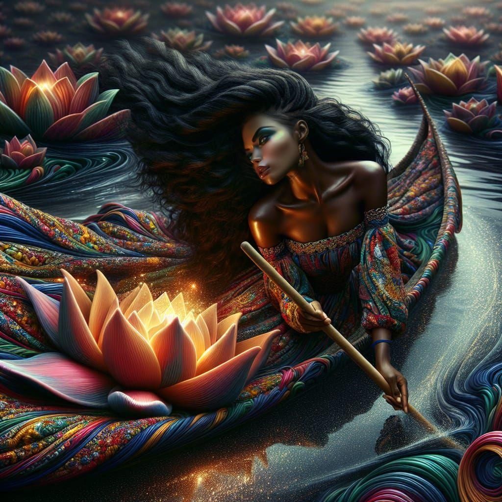 Serene Woman Rows Flower Boat at Dawn