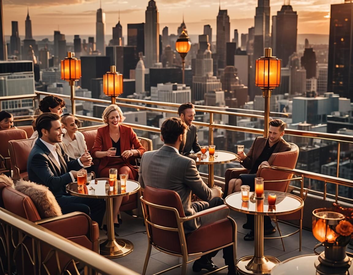 Art Deco Rooftop Bar at Sunset