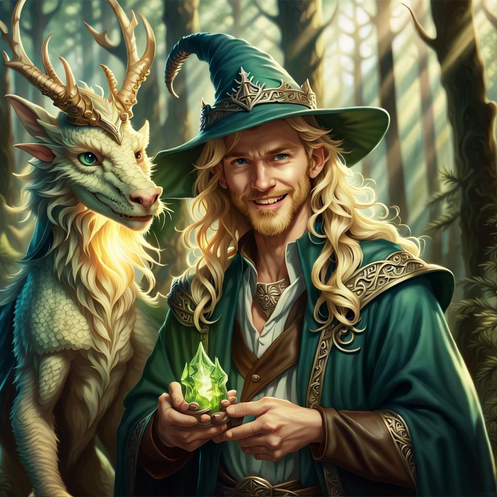 Wizard with Dragon Pet in Sunlit Forest, Art Nouveau