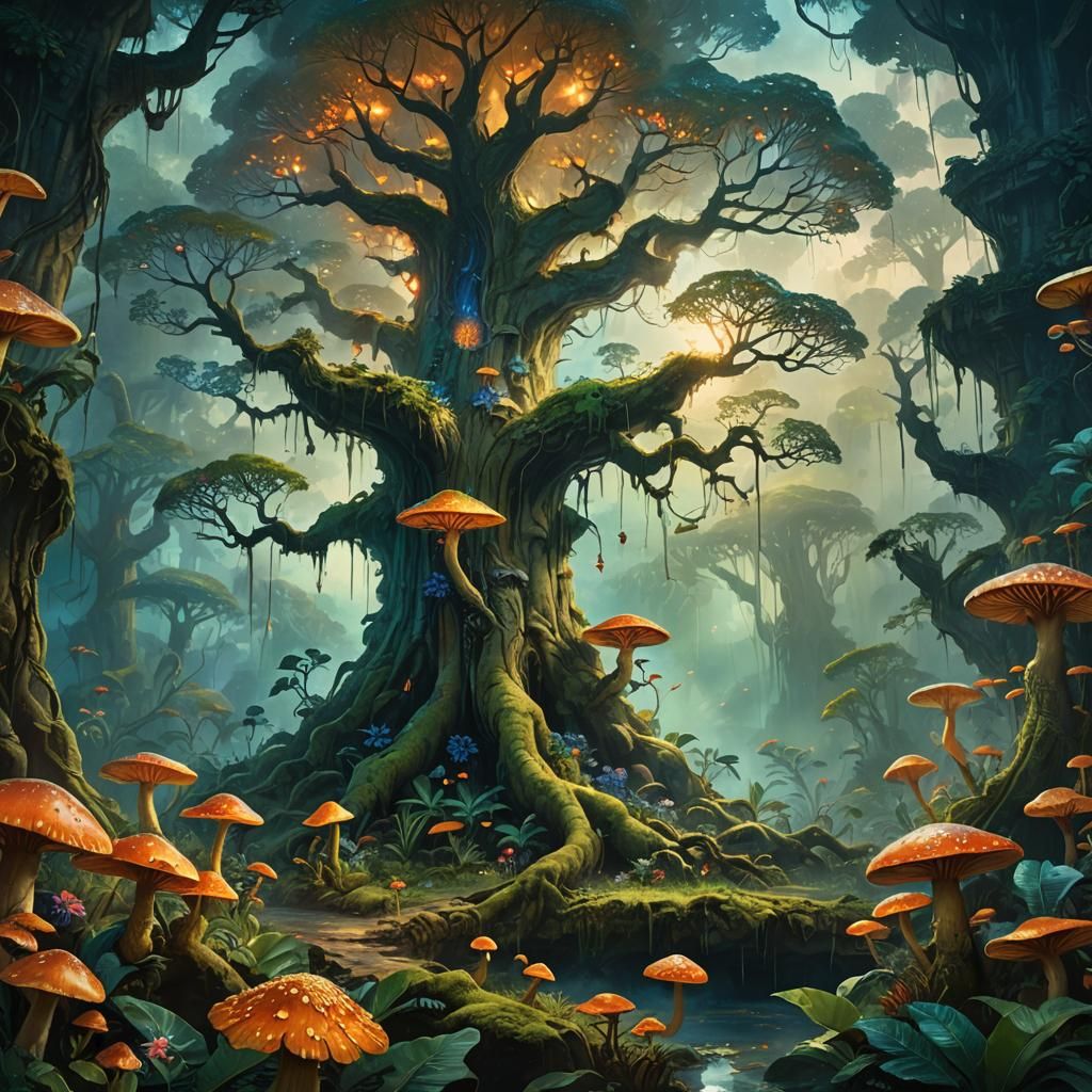 Luminous Mushrooms in Emerald Jungle, Digital Painting