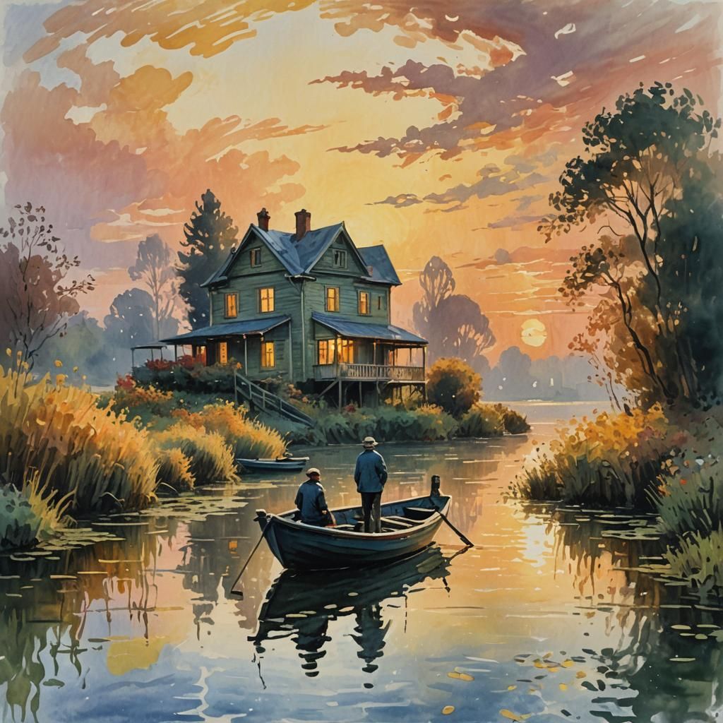 Golden Sunrise: Impressionist Watercolor Boat Scene