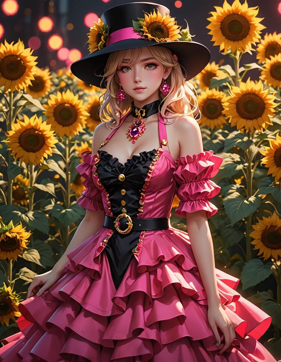 Sunflowers and Pink Ringmaster in Anime Art Style