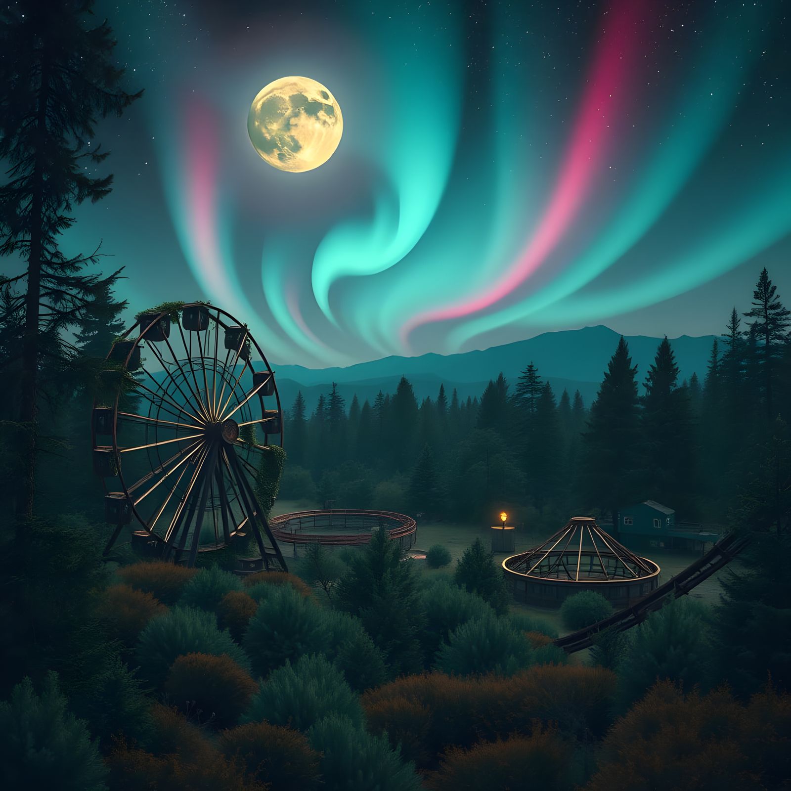 Forgotten Theme Park Under Ethereal Aurora