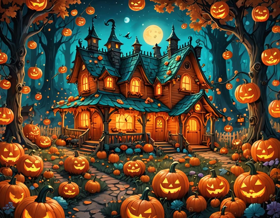 Enchanted Bioluminescent Forest with Flaming Pumpkin House