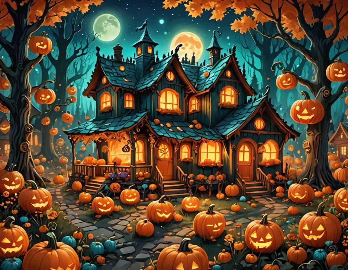 Enchanted Flaming Pumpkin House in Bioluminescent Forest