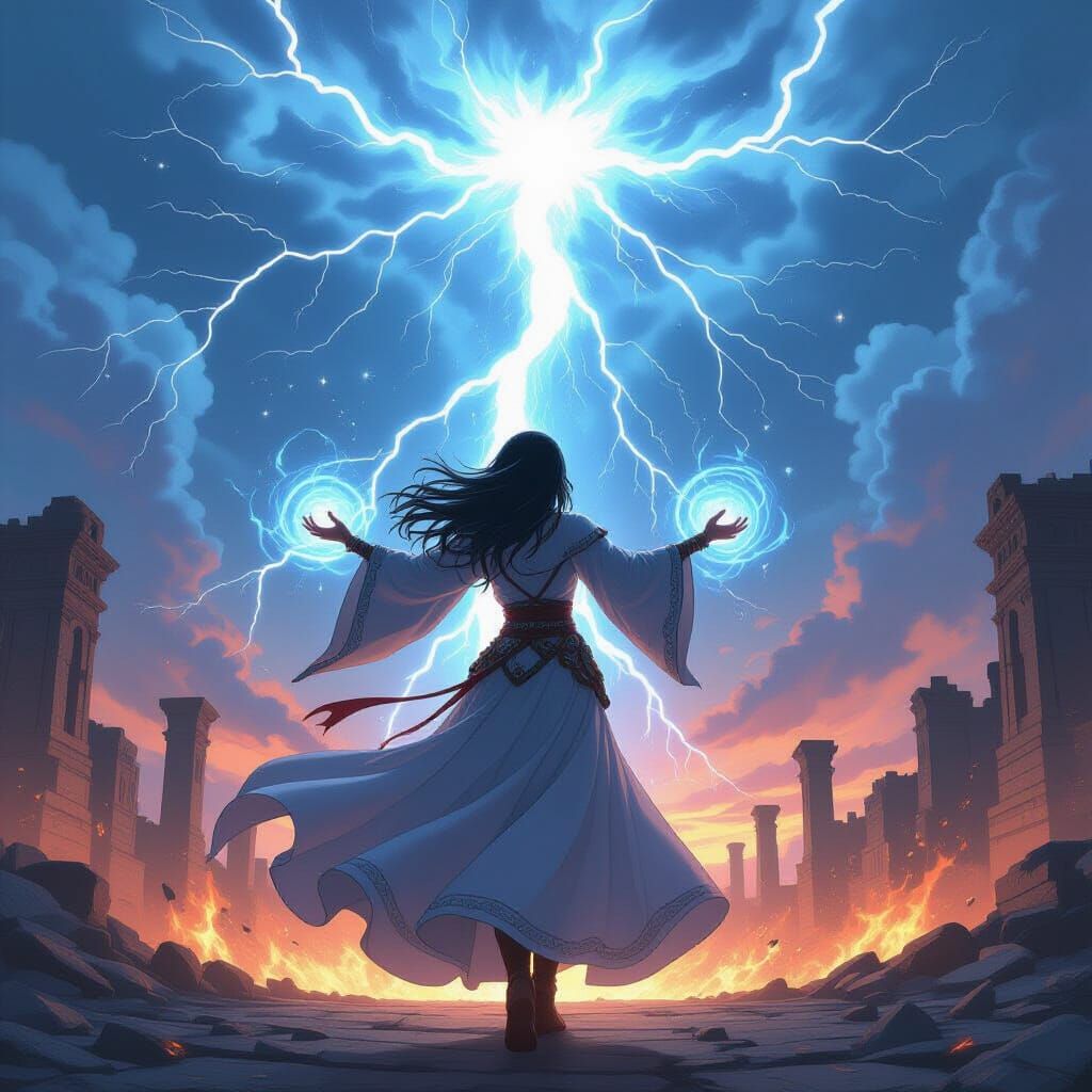 Anime Sorceress Summons Elemental Storm Over Ruined City