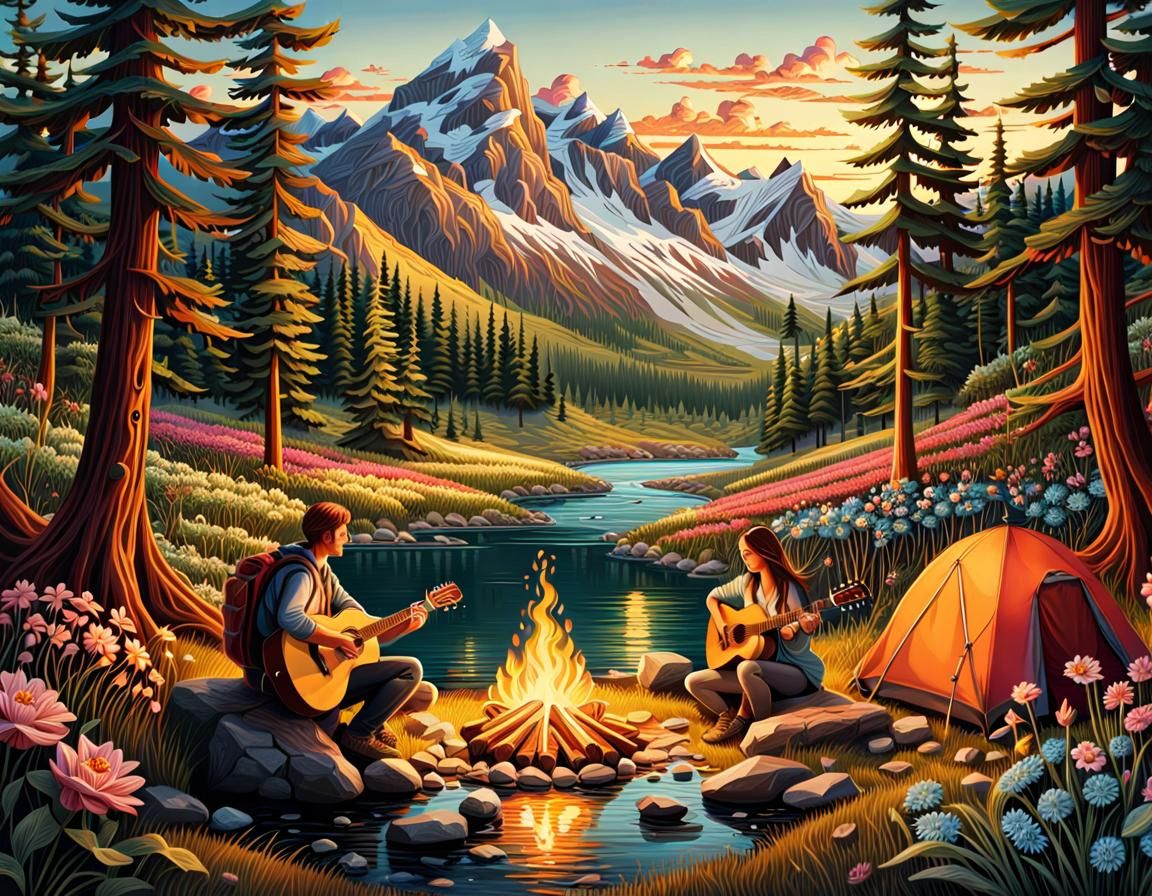 Idyllic Campsite Scene in Quilled 3D Style