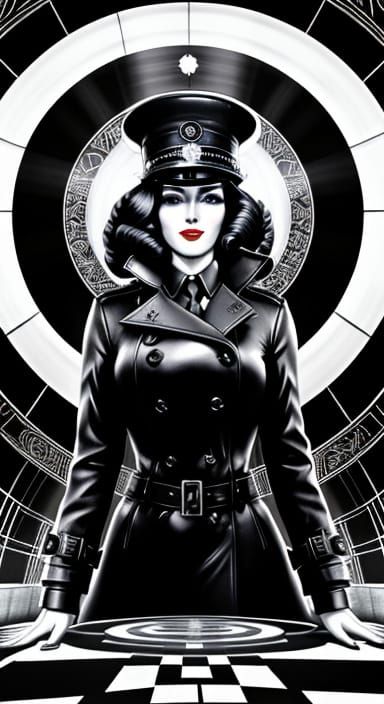 Cyberpunk Femme Fatale in Art Deco Embossed Coat