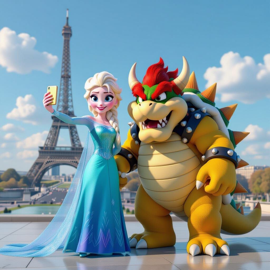 Elsa and Bowser Selfie at Eiffel Tower in Pixar Style