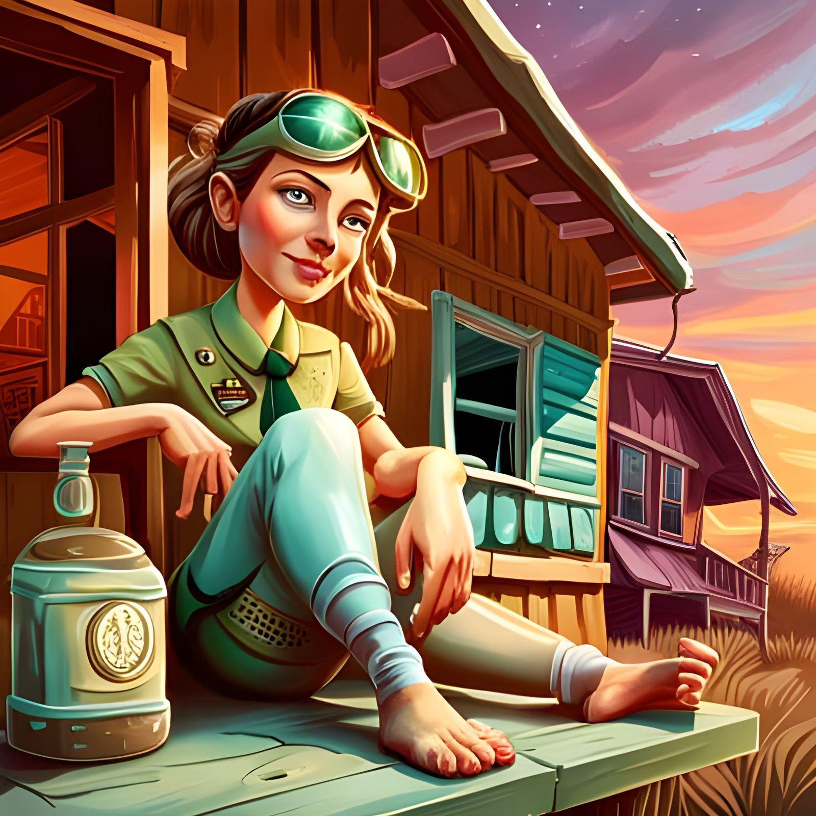 Hyperrealistic Alien Girl Scout on Dilapidated Porch