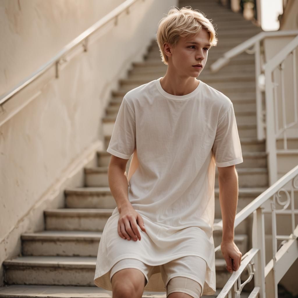 Boy in White Dress Climbing Stairs: Strobist Photography
