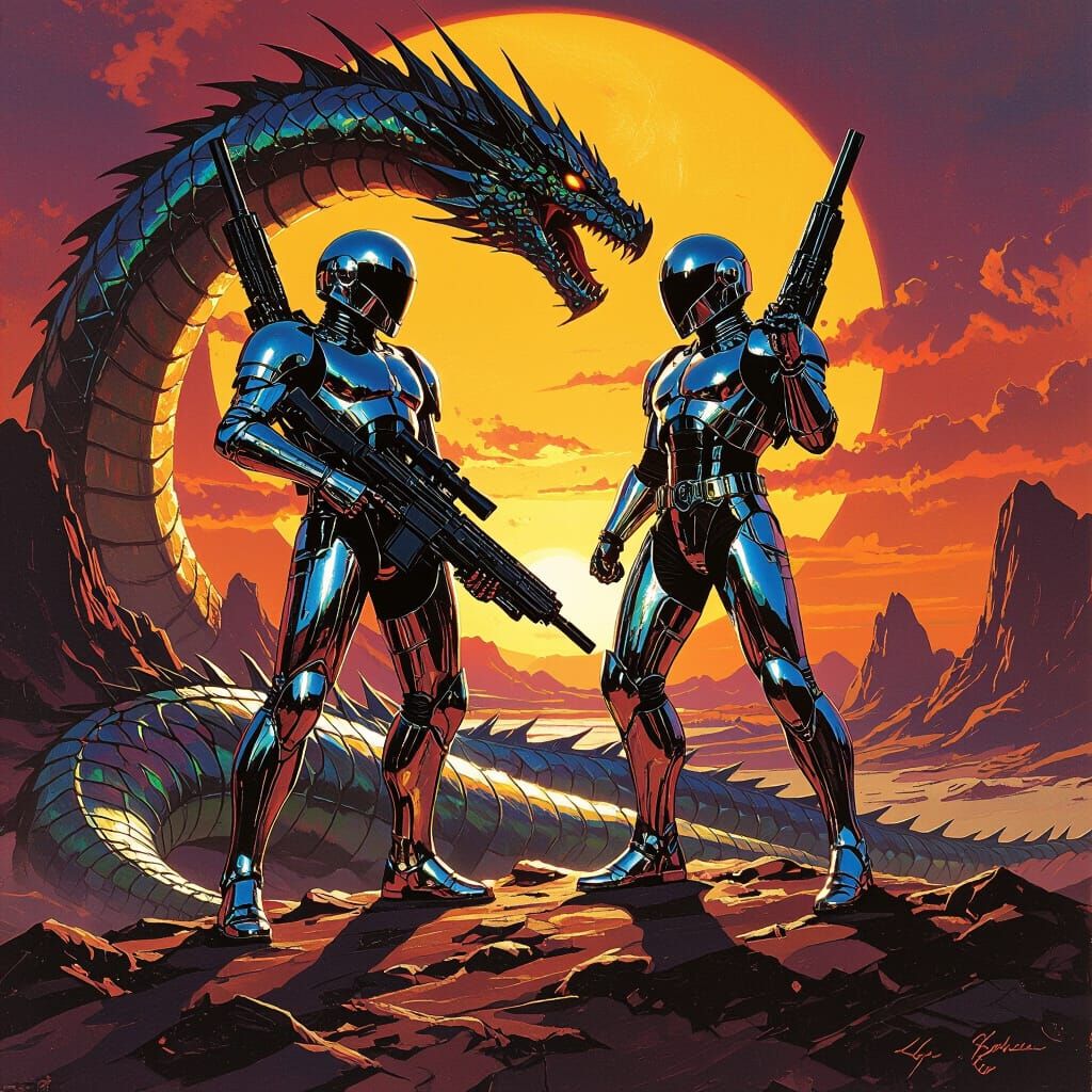 Space Warriors Victorious Over Dragon in Frazetta Style